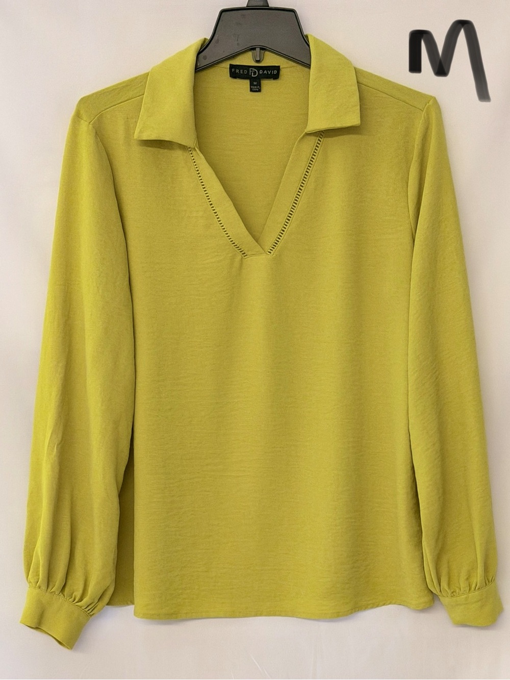 Fred David Lime Green V-Neck Collared Long Sleeve Blouse